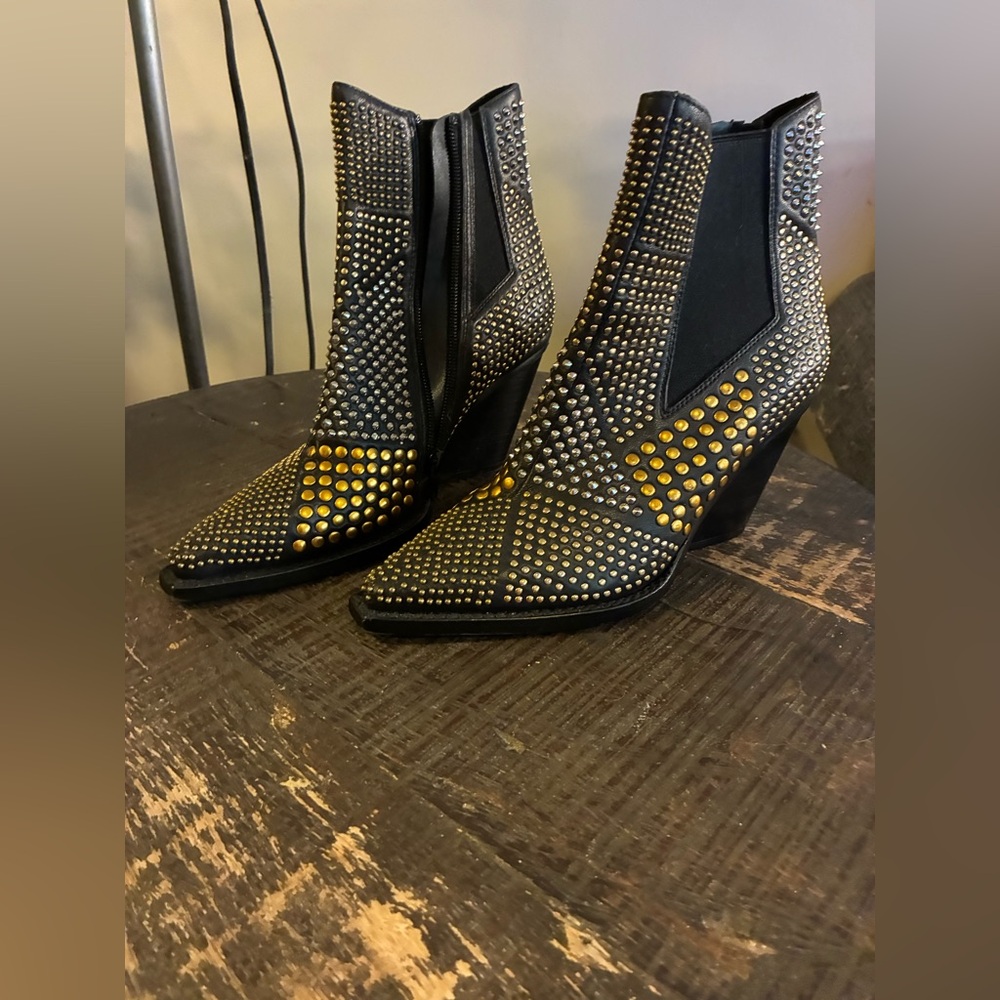Studded Black & Gold Ankle Boots - Women